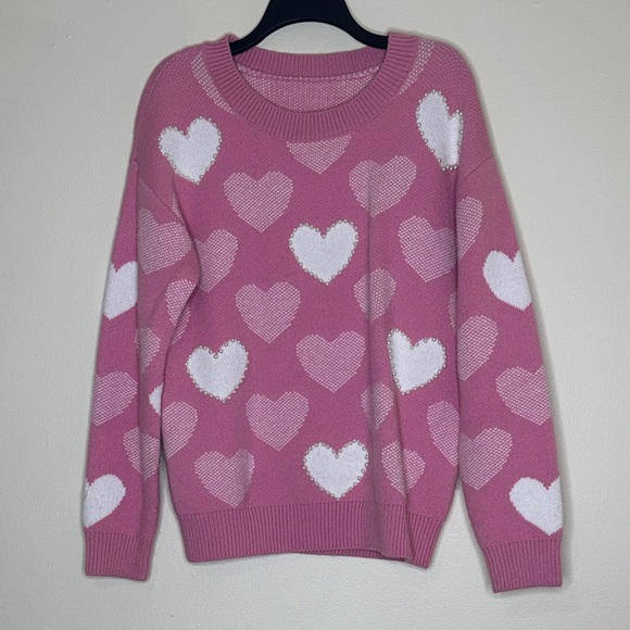 Versona Sweaters - Versona Pink and White Heart Sweater